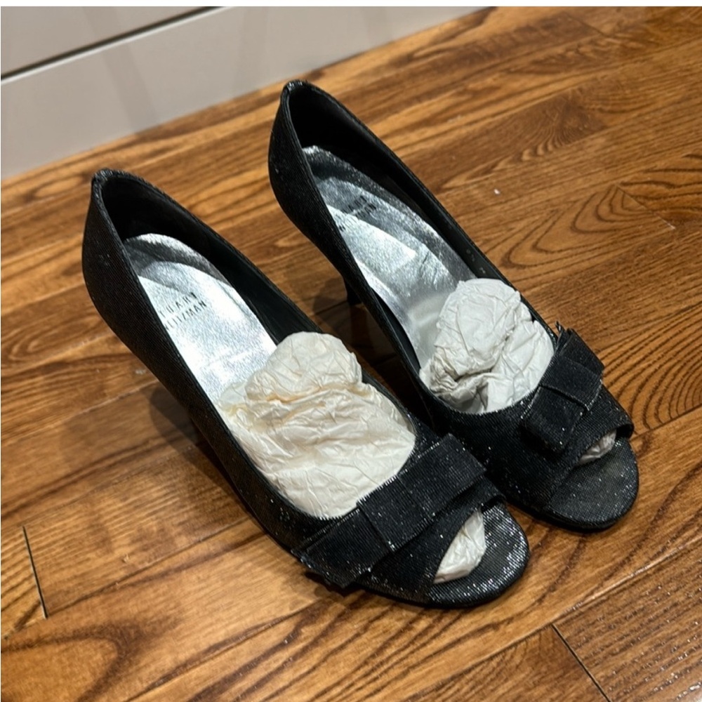 STUART WEITZMAN 9 Bowover Metallic Peep Toe Pump Heel Leather Shoes Bow Pyrite - Picture 4 of 7